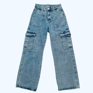 Blue Cargo Jeans High Rise Wide Leg Straight Leg Blue Denim Jean Pants Women's 2